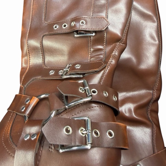 Women's Knee High Riding Biker Boots Buckle Square Toe Chunky Heel Wide Calf - Picture 8 of 9